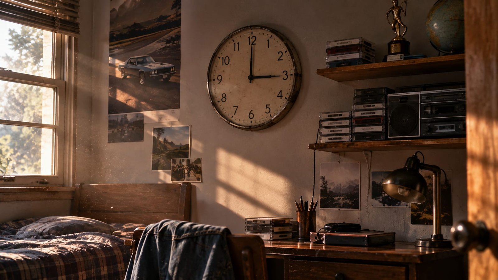Relógio de parede parado em um quarto dos anos 1980, com fitas cassete em uma estante