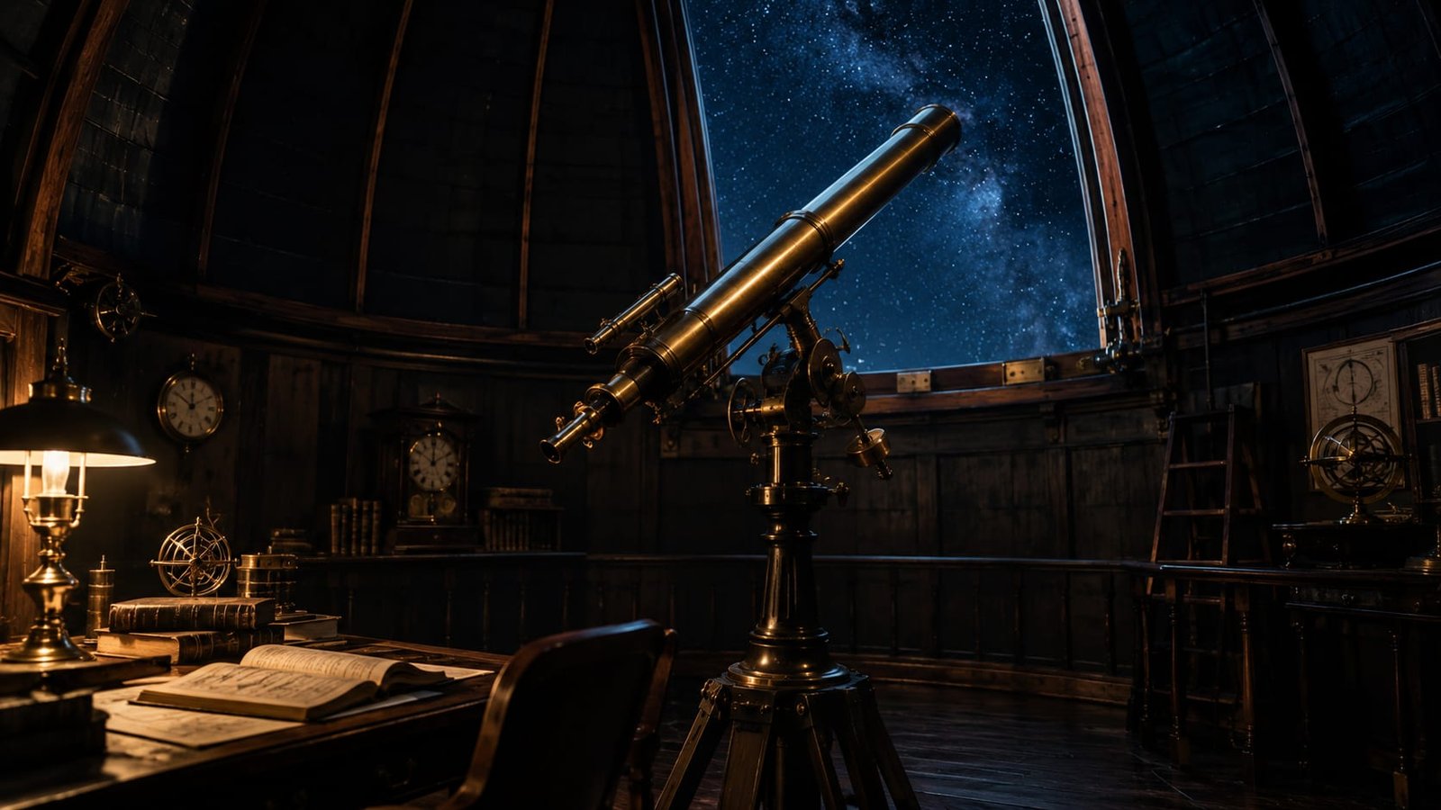 Interior de um observatório antigo à noite, com telescópio de latão apontado pela abertura da cúpula para o céu estrelado, relógios na parede e livros sobre uma mesa iluminada