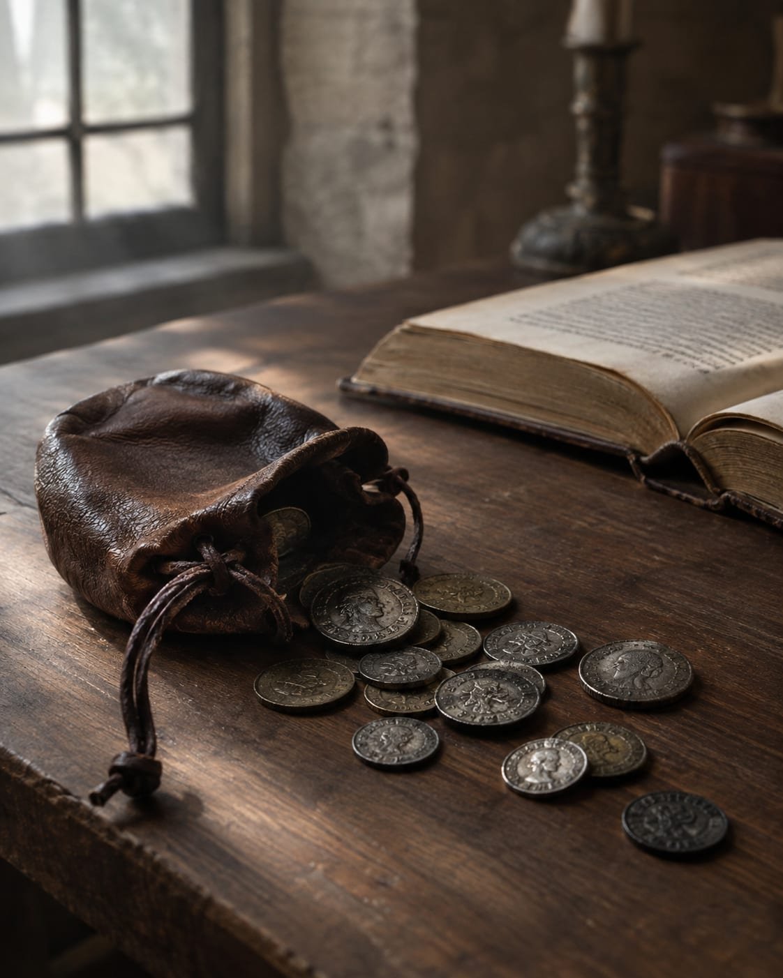 Moedas antigas e uma bolsa de couro simples sobre uma mesa de madeira, ao lado de um livro aberto
